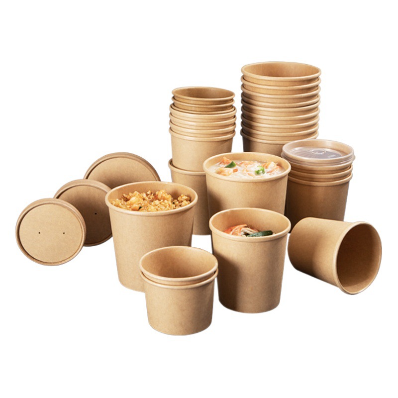 Cubo de papilla desechable personalizado al por mayor Taza de papilla de papel kraft Tazón de papel Tazón de sopa Caja de embalaje para llevar Fideos instantáneos Tazón de sopa Cubo de sopa