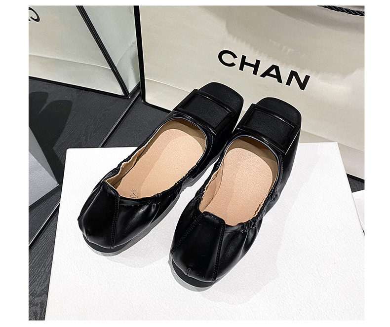 Giày búp bê nữ mũi vuông phối khóa vuông, quai thun mềm, đế bằng êm chân — Màu mơ, Màu đen chi tiết 25