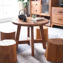 实木圆茶几台桌组合小户型老榆木客厅家用茶桌创意木桌老榆木圆桌