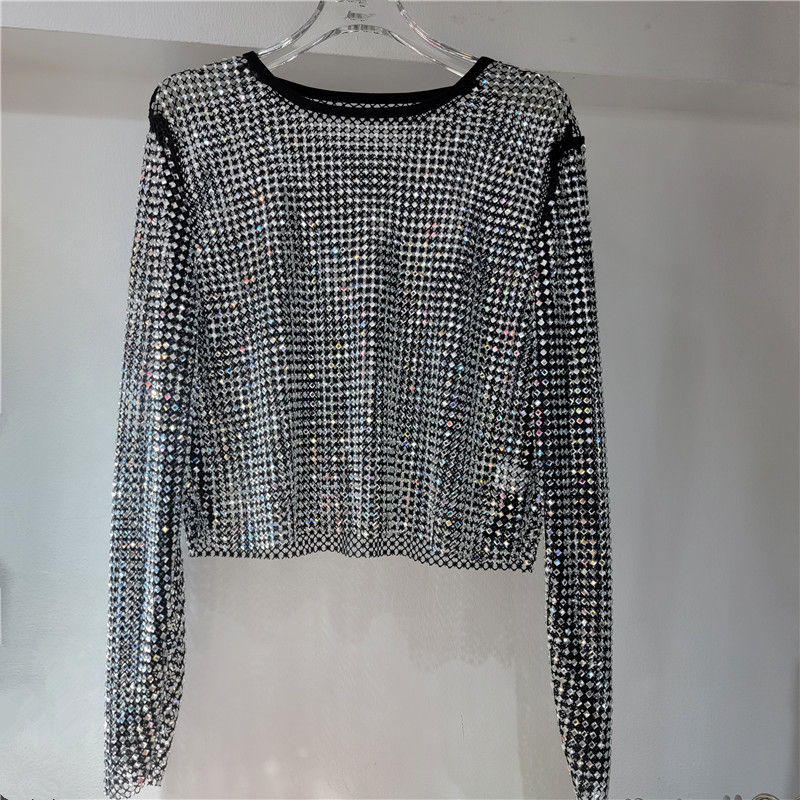 Luz de lujo de alto nivel suave chaqueta de cristal de diamante de malla super celestial dentro de la fiesta bling brillante camiseta de base vaciada