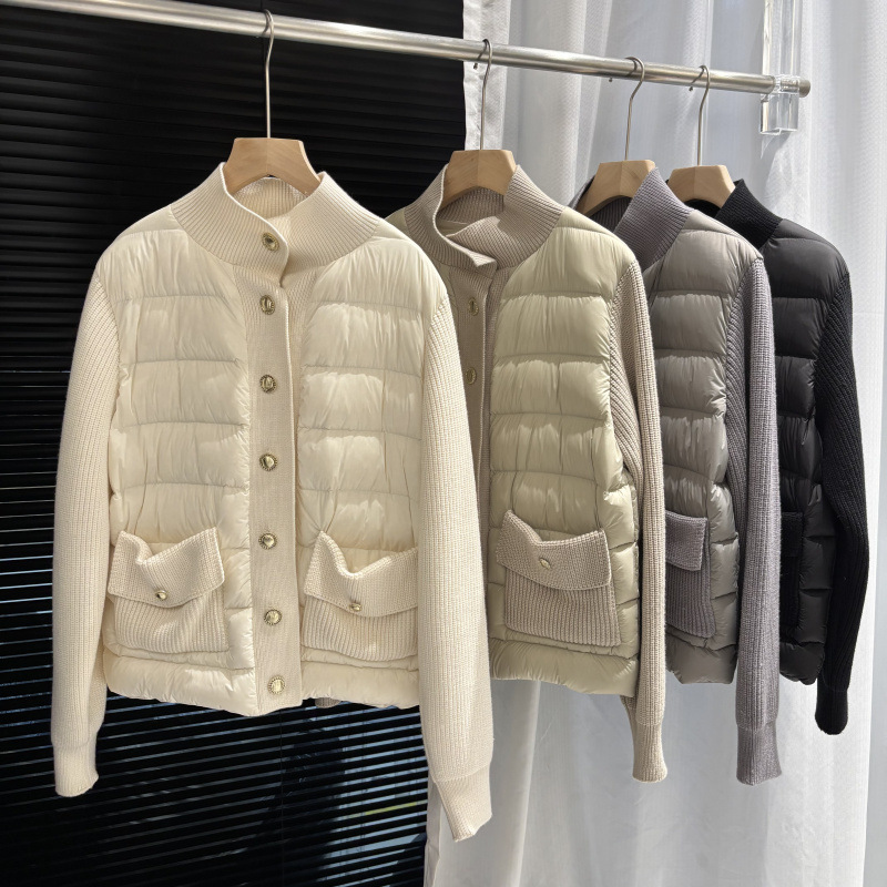 2025 Autumn and Winter New Product 90 White Duck down Gold Buckle Simple Casual H Version Wool Splicing Stand Collar down Jacket Women's Jacket 2025 Autumn and Winter New Product 90 White Duck down Gold Buckle Simple Casual H Version Wool Splicing Stand Collar down Jacket Women's Jacket