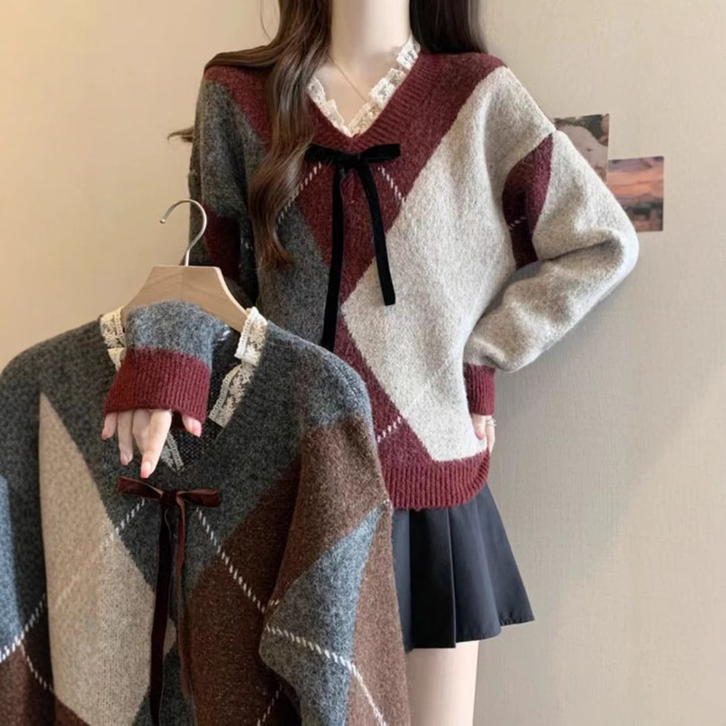 韩系菱格蕾丝毛衣女秋冬2025新款清新甜美设计感蝴蝶结针织衫上衣|undefined
