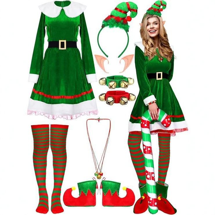 Women's Christmas Elf Costume Set Velvet Dress Belt Striped Over-the-Knee High Socks Elf Hat Role Play