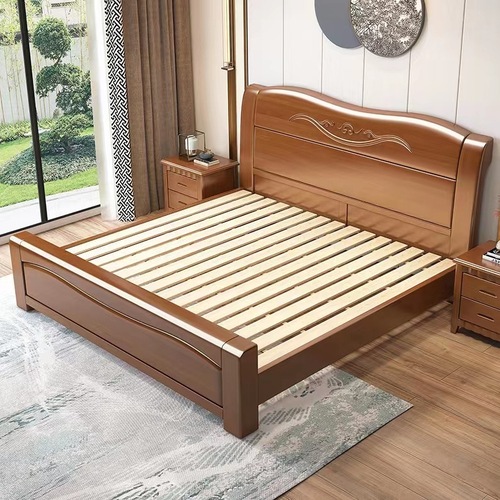 Chinese Oak Solid Wood Bed 1.5m Single Bed 1.8m Double Bed Modern Master Bedroom Drawer High Box Storage Wedding Bed