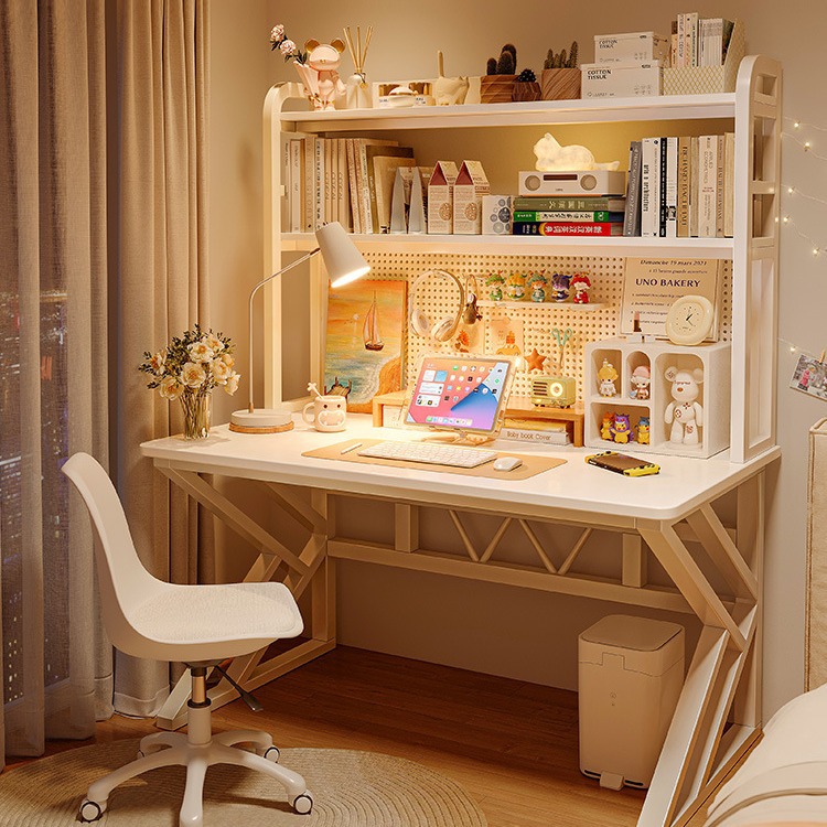 Hole board desk bookshelf integrated desk student writing study desk cream style home computer desk bedroom