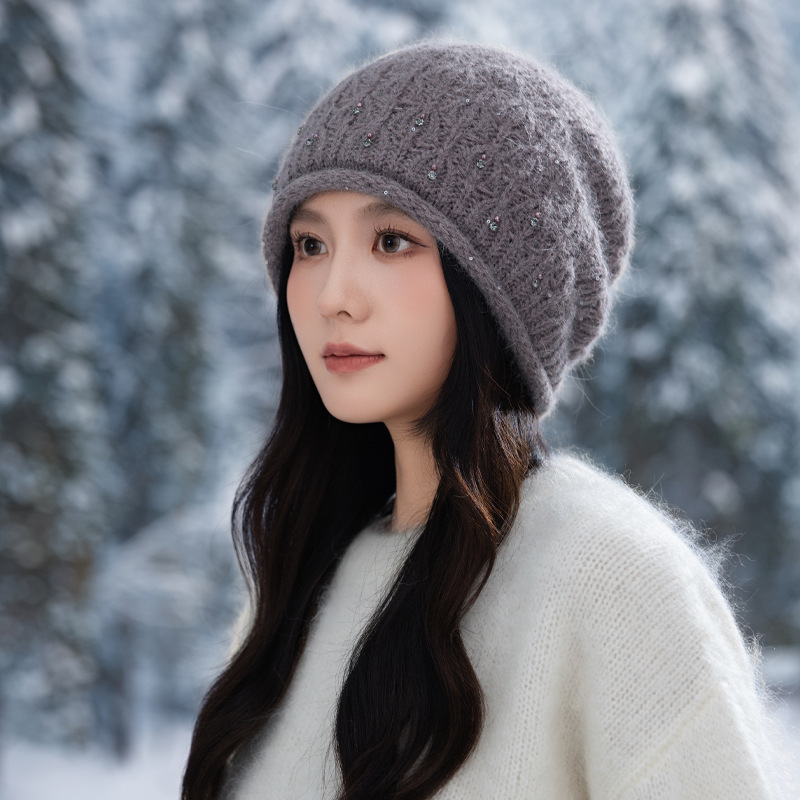 帽子女秋冬时尚百搭大头围兔毛保暖帽韩版加绒加厚防风针织毛线帽|undefined