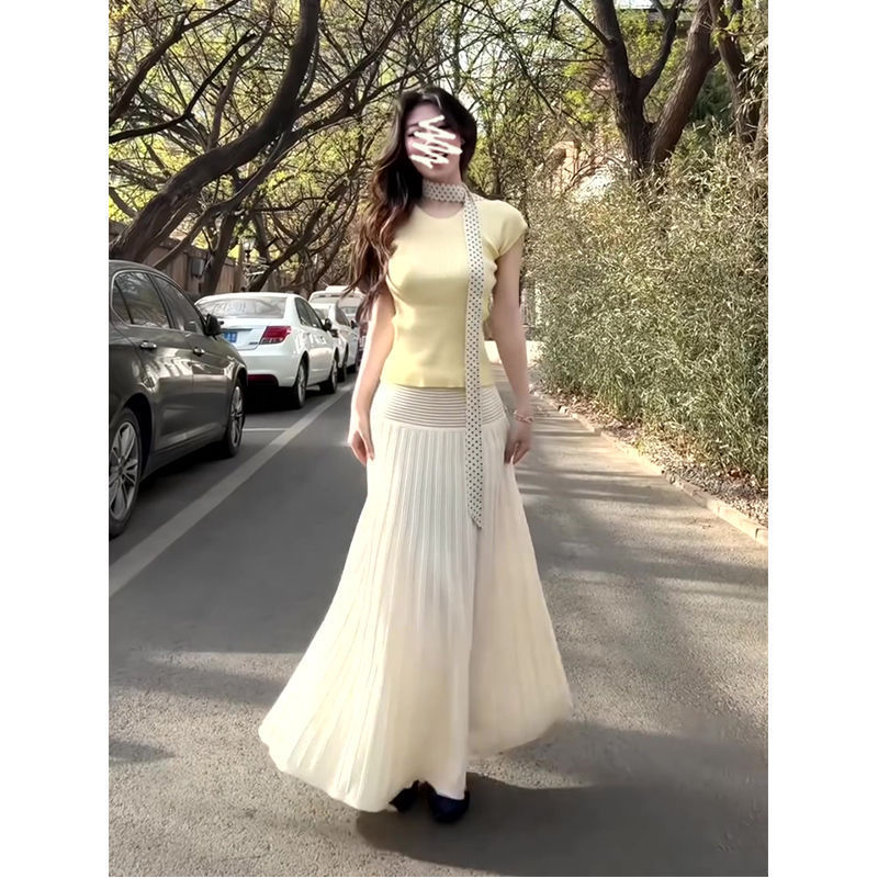 2025 新しい夏の女性のフレンチスタイルスリムショートニットトップ多用途ハイウエストスリムピットスカート|undefined