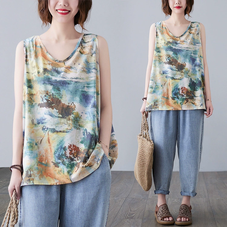 Персонализированный цветной узор с принтом граффити v-образным вырезом с нижним камзолом жилет летний большой размер женский топ без рукавов