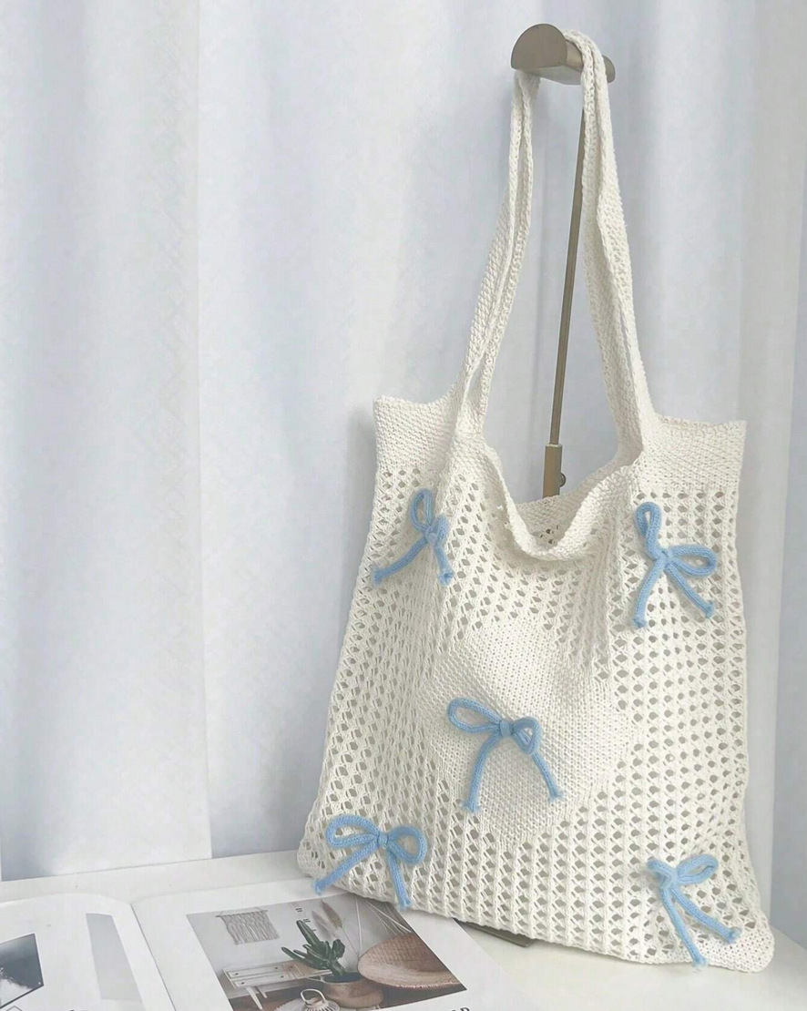 All Seasons Season Women's Medium Polyester Bow Knot Cute Preppy Style Knitting Hollow Square Open Square Bag