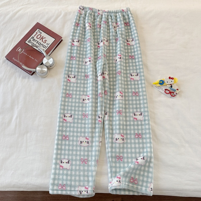 Invierno nuevo pantalones cálidos de franela estilo de caricatura coreano para mujeres más grueso y terciopelo cálido para el hogar pijamas de lana se pueden usar fuera