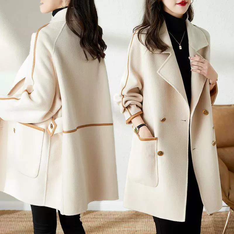 Шерстяное пальто женский 2024 осень-зима новая мода корейская версия рукава плеча двубортное темпераментное шерстяное пальто