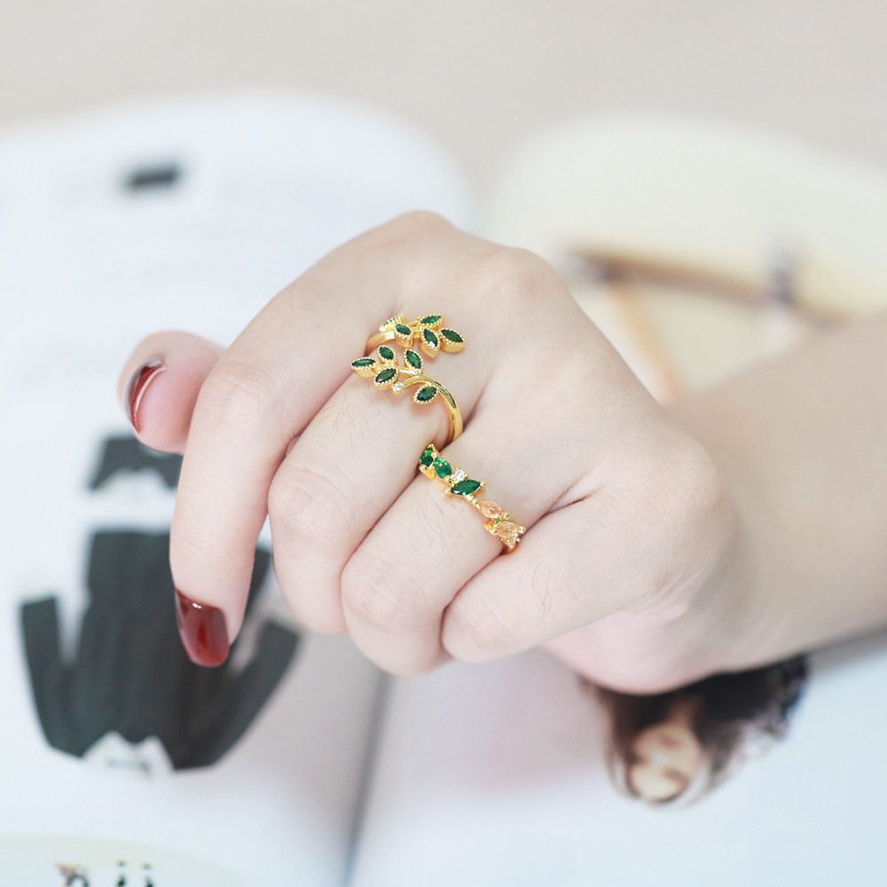 Fashion Leaf Copper Open Ring Plating Inlay Zircon Copper Rings