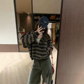 美式复古条纹连帽卫衣拉链毛衣外套女秋季设计感小众针织开衫上衣