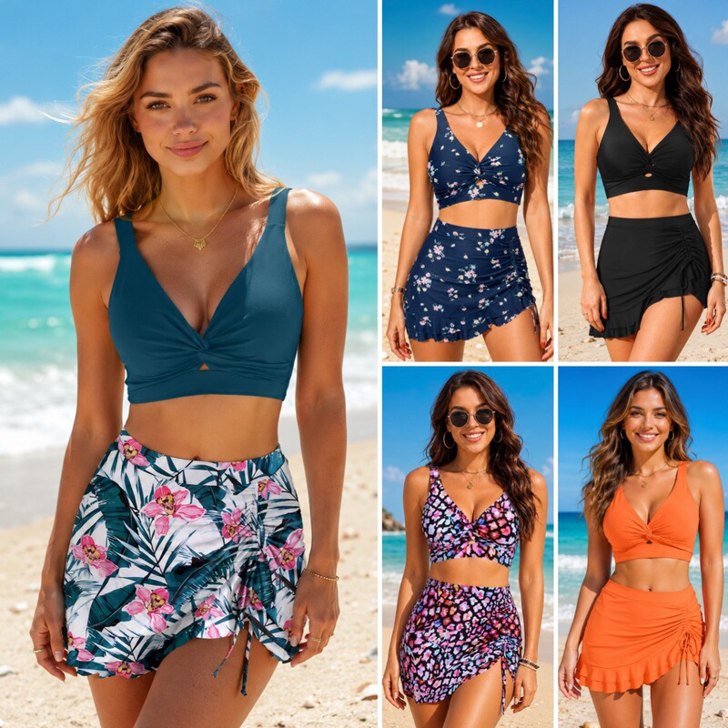 Cross-Border Two-Piece Swimsuit for Women, Skirt-Style Bikini, V-Neck, Drawstring, Figure-Flattering Swimsuit Skirt, Conservative Swimwear Cross-Border Two-Piece Swimsuit for Women, Skirt-Style Bikini, V-Neck, Drawstring, Figure-Flattering Swimsuit Skirt, Conservative Swimwear