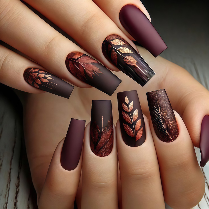 Burgundy Dark Leaves European and American Wearable Nails Red Gold Maple Leaf Painted European Square Manicure Fake Nails Tc19