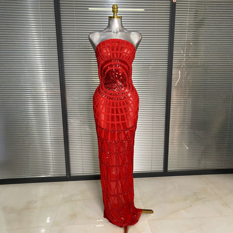 European and American cross-border strapless mesh tassel long dress, luxurious costume for back-to-school, birthday party, ball gown, performance outfit