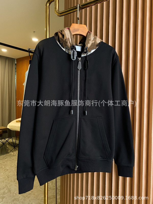 正确版 英伦B家帽子格纹拉链卫衣重工纯色简约百搭学院运动OS外套|undefined
