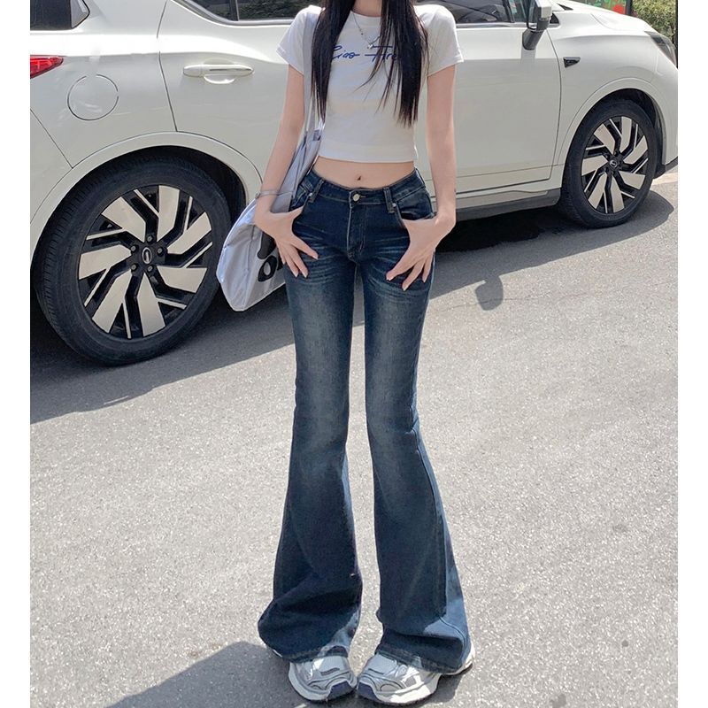 复古港风微喇叭牛仔裤女秋季新款辣妹百搭弹力修身显瘦马蹄长裤潮|undefined