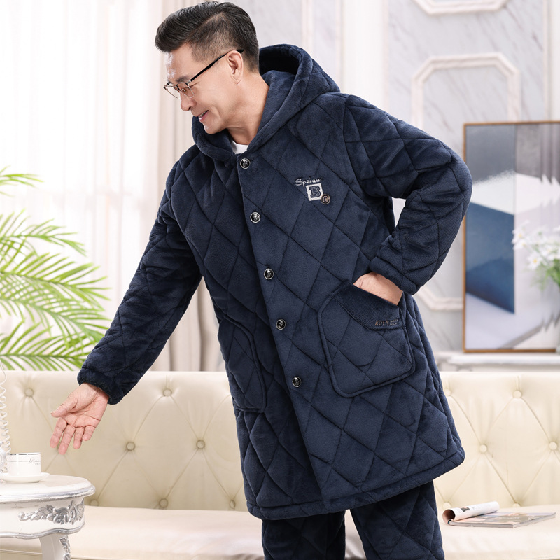 Extended Pajamas for Middle-Aged and Elderly Men, Winter Gift for Dad, 2025 New Men's Thickened Three-Layer Quilted Hooded Loungewear