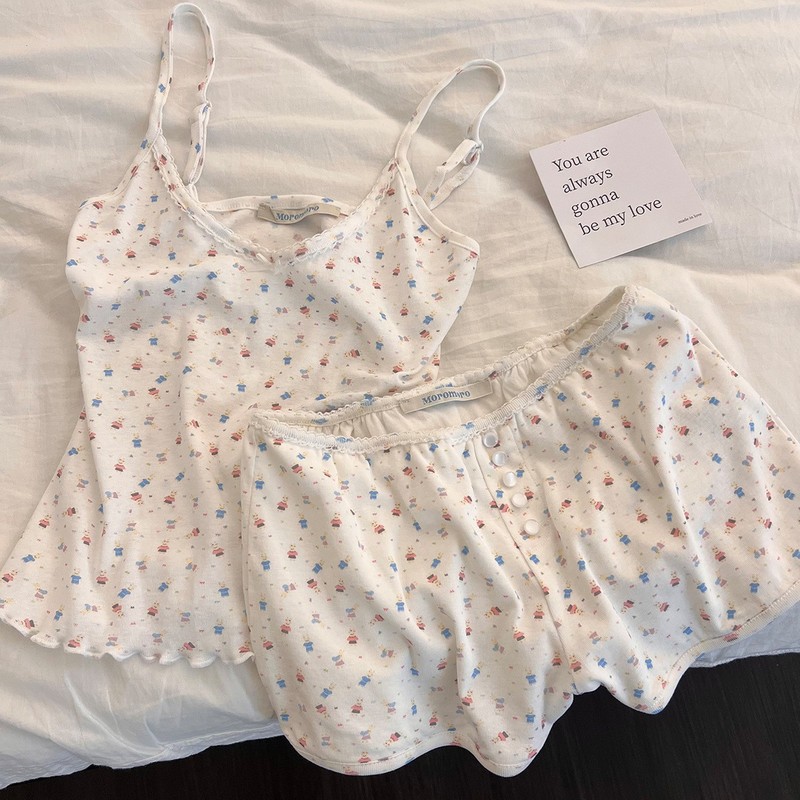 Sweet Cartoon Bear Print Suspender Pajamas with Breast Pads for Women 2025 New Pure Lust Style Shorts Home Wear Set