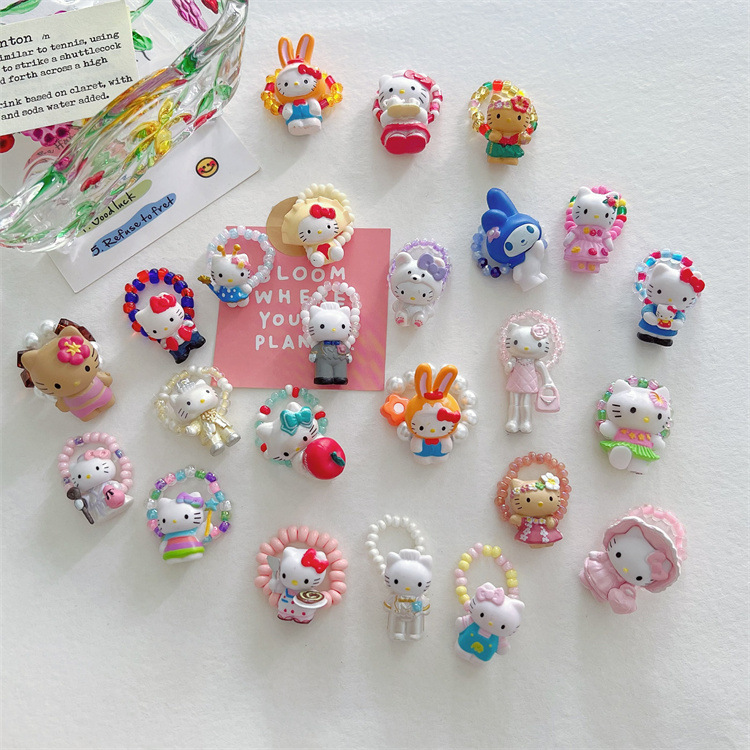 Hellokitty Cartoon Cute Beaded Ring Niche Retro Sweet Cool Hot Girl Elastic Adjustable Ring Female Gift