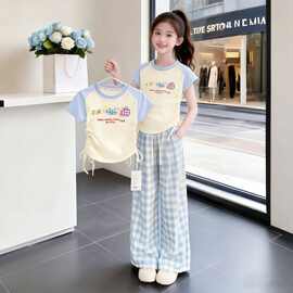 跨境外贸童装夏季短袖T恤+格子裤两件套抽绳收腰上衣女孩百搭单件