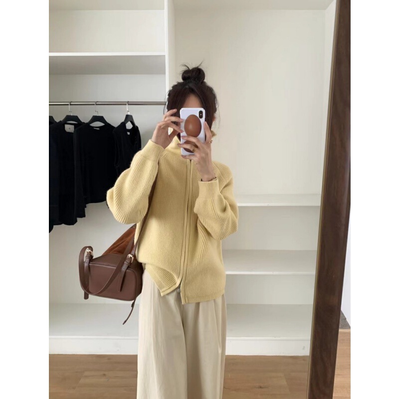 Egg Women's Double Zipper Lapel Sweater Coat 2025 Autumn and Winter Comfortable Thick Knit Cardigan