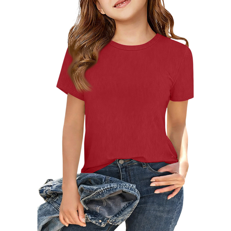 2026 European and American Cross-Border New Style Children's and Women's Long-Sleeve Stretchy Round-Neck Ribbed T-Shirt Slim Fit Casual Basic Style