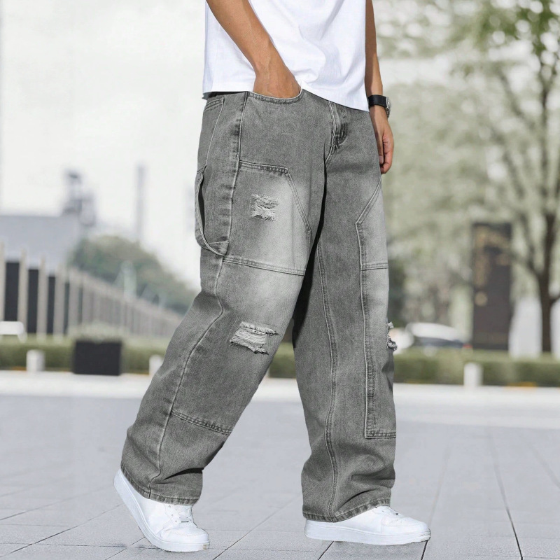 Amazon Summer Men's Fashionable Vintage Washed Ripped Jeans with Patchwork Design, Versatile Casual Pants in Stock Amazon Summer Men's Fashionable Vintage Washed Ripped Jeans with Patchwork Design, Versatile Casual Pants in Stock
