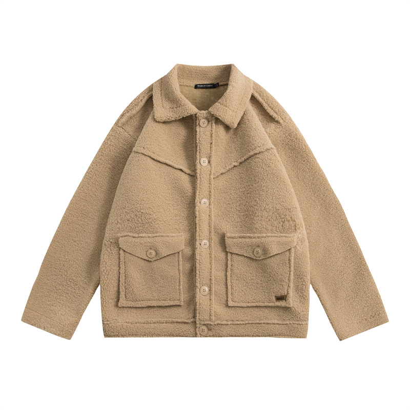 Women's Clothing solid color lambskin simple chic coat lapel casual top couple wear cotton coat_voghion.com