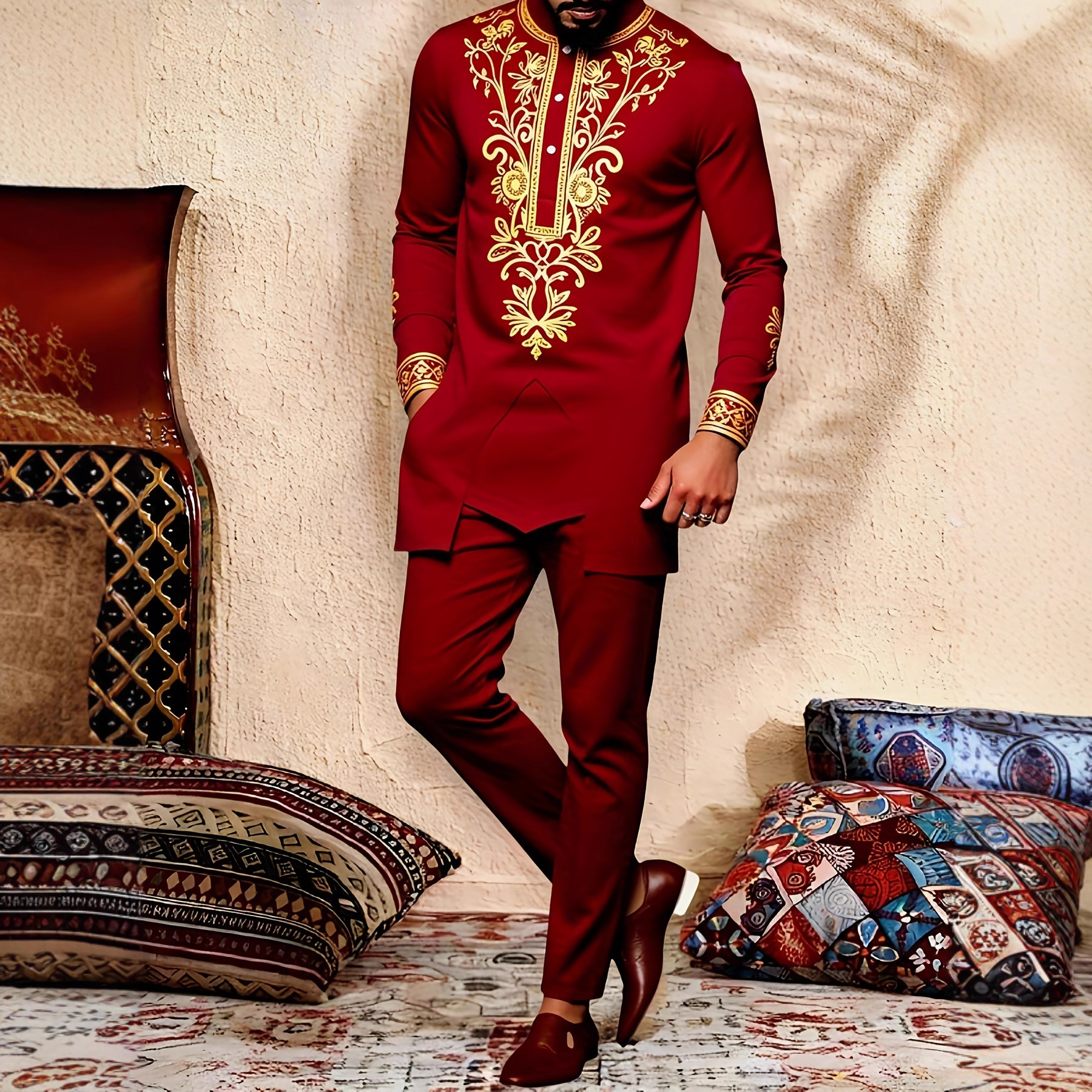 Traje de boda tradicional africano para hombre, conjunto de 2 piezas, cuello redondo, manga larga, top y pantalones, comercio exterior