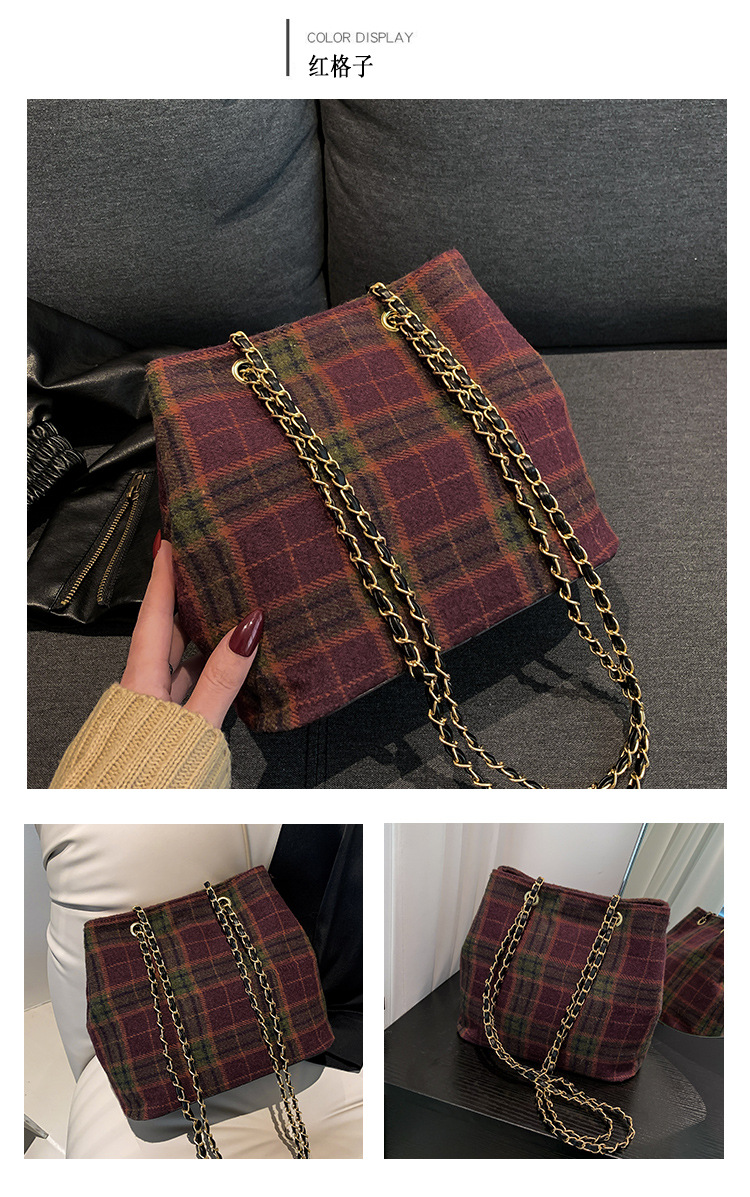 Retro and fashionable woolen texture bucket bag, large capacity commuting bag, chain check pattern casual single-shoulder crossbody women's bag undefined