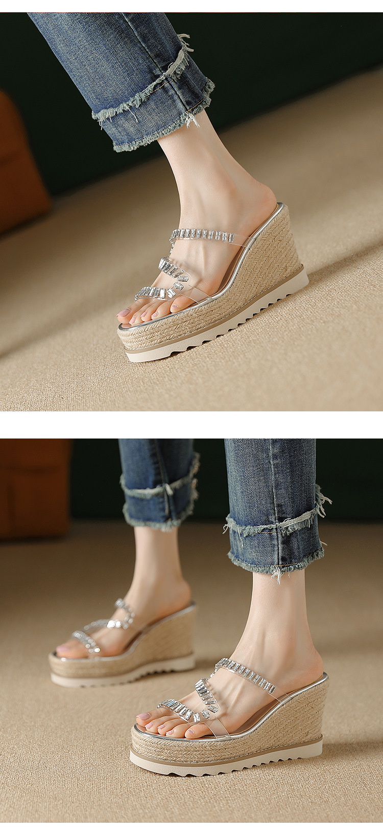 Sandal cao gót nữ hở mũi đế xuồng đính đá pha lê — bạc chi tiết 4