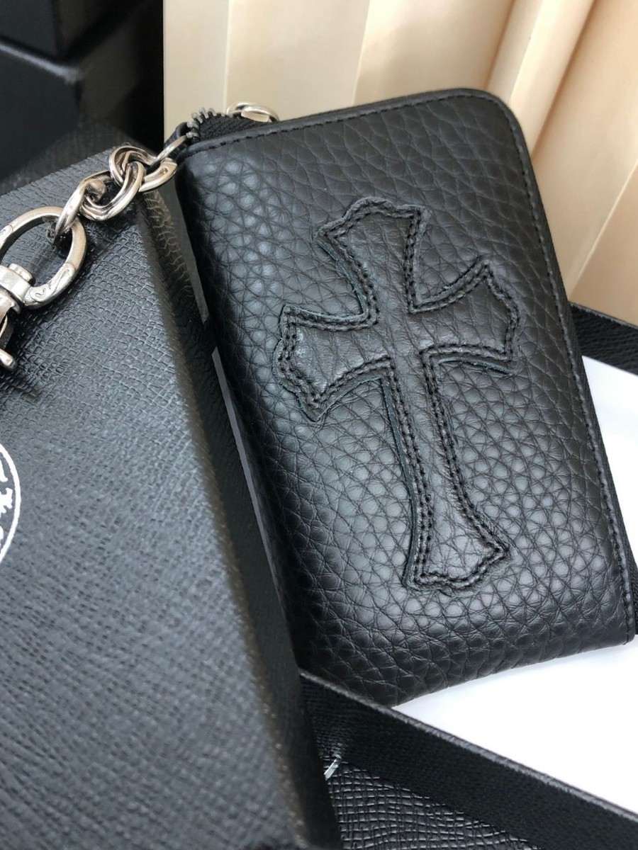 Chrome Hearts Cross Patch Zip Card Holder Leather Black