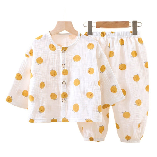 Children's thin double-layer cotton gauze pajamas summer girls' home clothes boys' long-sleeved lantern pants set 