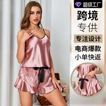 工厂吊带短裤两件套仿真丝绸薄款家居服睡衣女夏季高级冰丝性感