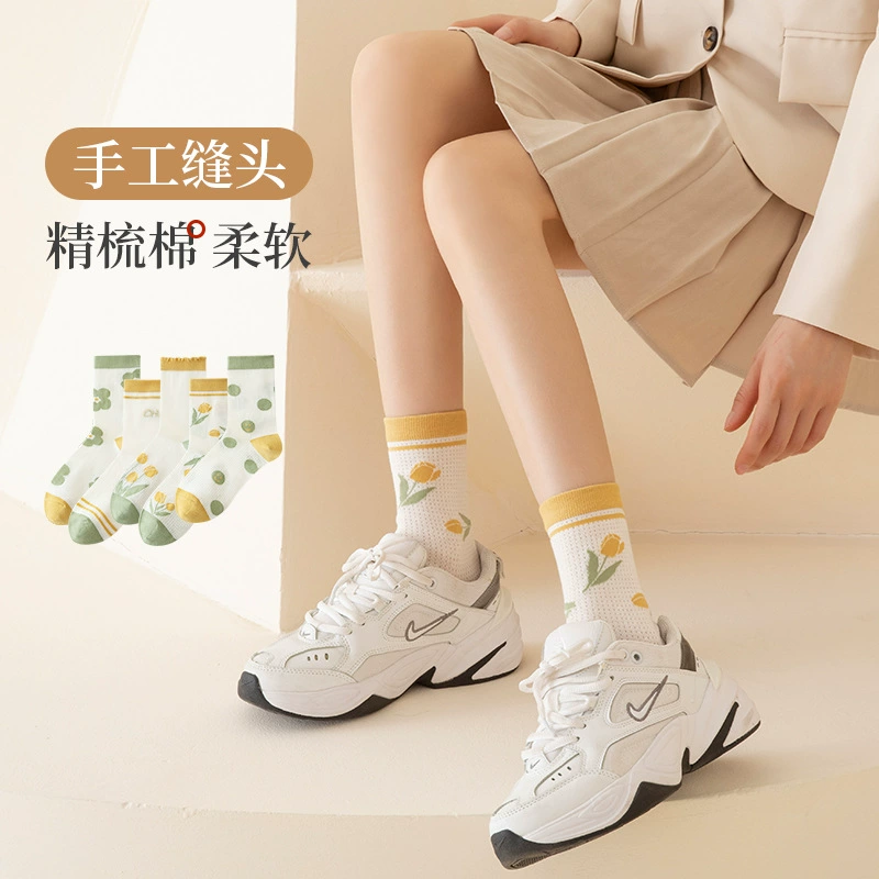Носки, тонкие носки до середины икры, весенне-летние милые носки из чесаного хлопка, модные женские нескользящие носки в японском стиле на каблуке, подходящие ко всему