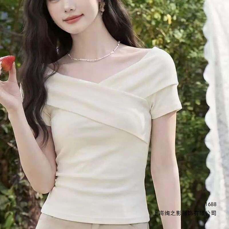 40-Count Cotton French-Style Short-Sleeve T-Shirt, 2026 Fashion Summer New Style, Elegant Slim-Fit Top 40-Count Cotton French-Style Short-Sleeve T-Shirt, 2026 Fashion Summer New Style, Elegant Slim-Fit Top