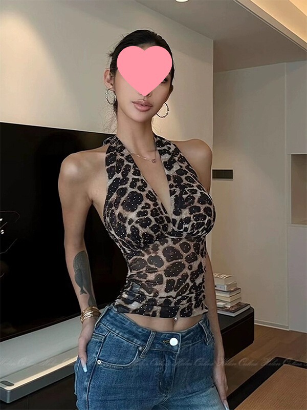 European and American Clothing 2024 Spring New Style Halterneck Classy Elegant Backless Vest Full Body Sequin Mini Leopard Print T-Shirt