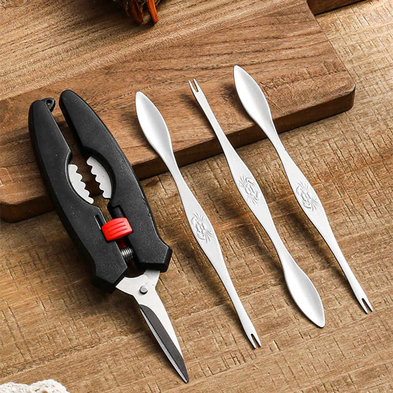 Производитель поставляет набор для употребления краба из нержавеющей стали 304: вилка для краба, ножницы для краба, игла для краба, комплект из трех предметов для чешуйчатого краба.