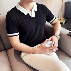 ハイエンドの軽豪華なハニカムの木目の通気性の薄い襟の半袖のニットのシャツの夏は色の男性のシャツの2025にぶつかります。