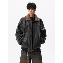 2025秋冬季新款男士高级感设计翻领毛领加棉皮夹克青少年外套棉服