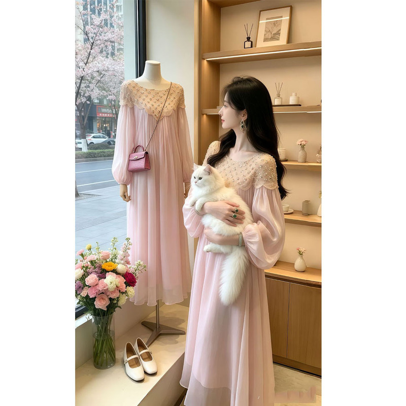 【Starlight Landing】Autumn long-sleeved loose-fitting long dress with heavy beading and sequins, lantern sleeves, mid-length for women 【Starlight Landing】Autumn long-sleeved loose-fitting long dress with heavy beading and sequins, lantern sleeves, mid-length for women