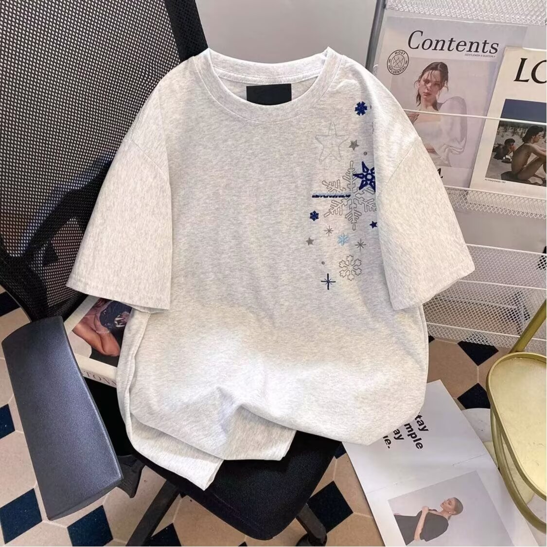 2026 Summer New Arrival Couple Short-Sleeve T-Shirt Men's Korean Style Loose Round Neck Embroidered Stars and Snowflakes Trendy Couple Brand