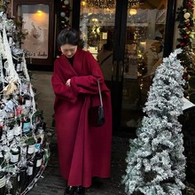 围裹式玫瑰花新年氛围感极简双面呢手工绵羊毛大衣外套女宽松