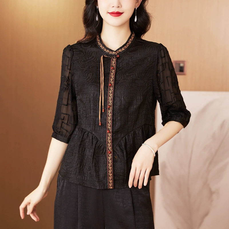 Высококачественная знаменитая ароматная облачная пряжа топ женский 2024 весна и лето новый ретро вышивка имитация шелковая рубашка женский