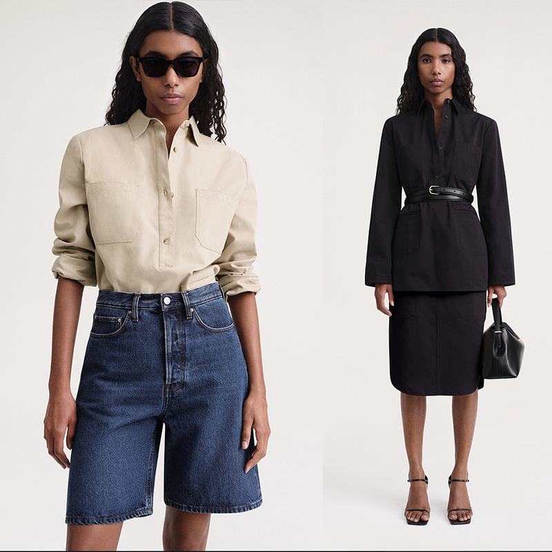 Close your eyes into ~ crisp cotton slightly hard texture multi-pocket shirt solid color classic tooling neutral shirt