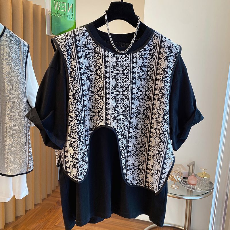 chubby girl Plus Size 150.00kg Hollow-out Jacquard Vest Short-sleeved T-shirt Women's Summer Loose Fashionable Two-piece Suit Top