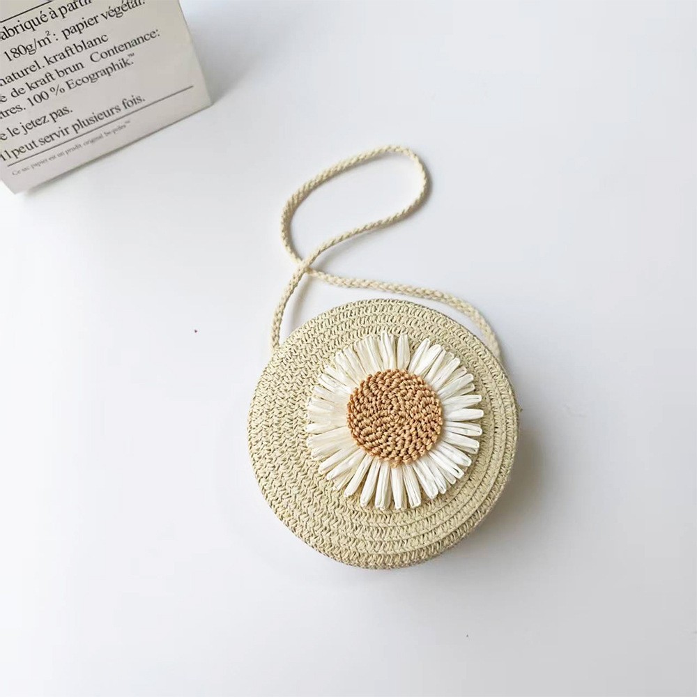 Amazon Straw Woven Small Round Bag for Travel, Coin Purse, Key Bag, Crossbody Bag, Sunflower Pattern, Girls' Bag, Assorted Styles