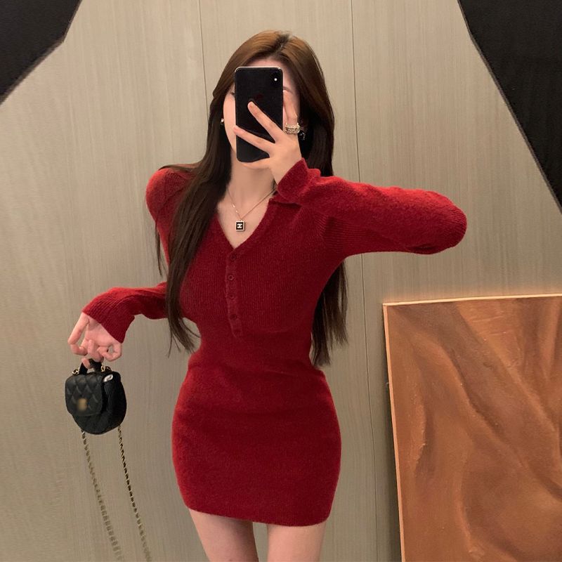 性感战袍红色内搭针织连衣裙子女春秋冬季新款高级感打底包臀裙